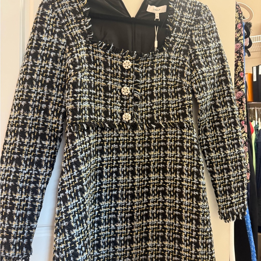 Likely Black and White Buttoned Peplum Sheath Dress